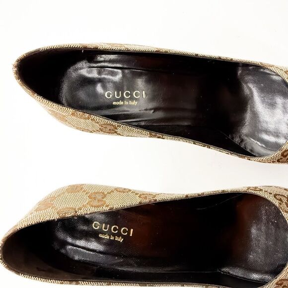 Gucci GG Monogram Brown Canvas Platform Pumps Wooden Heels Size 7.5 - Picture 9 of 12
